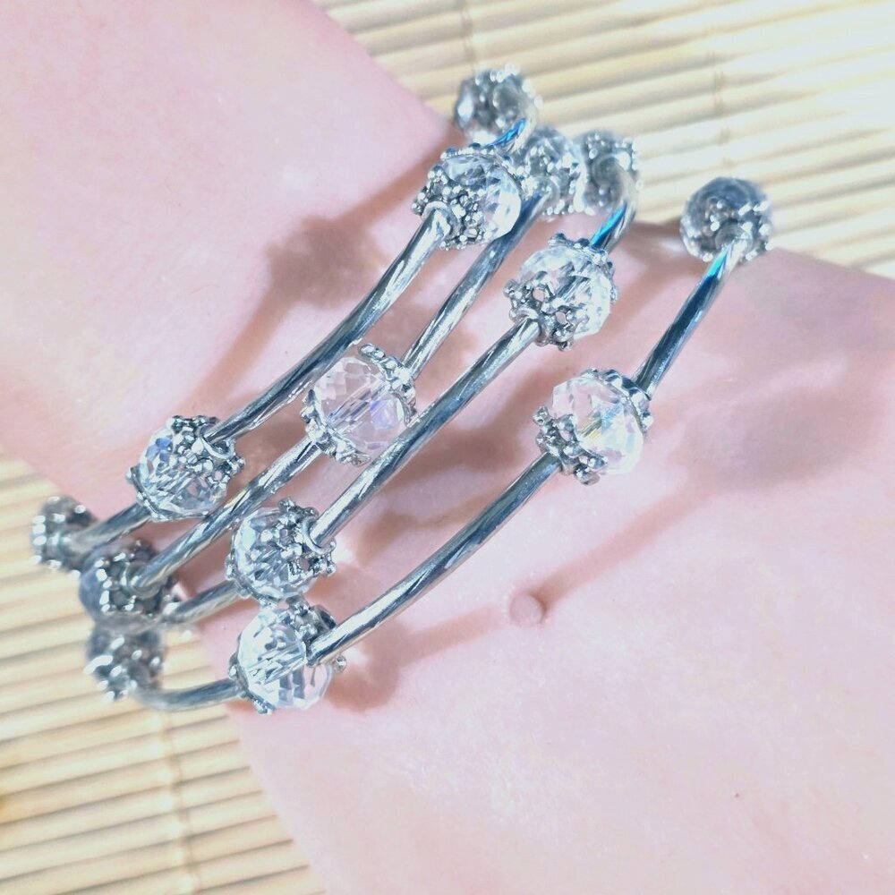 Clear Faceted Crystal Rondelle Beads Silver Metal Handcrafted Wrap Bracelet